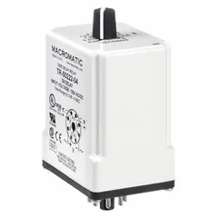 Socket-mounted single function time delay relay rated 10 A at 120V AC/DC with 8 pins/terminals. Used in industrial control panels for delaying or sequencing electrical operations in applications such as HVAC systems, conveyor controls, and automation equipment.