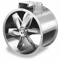 Belt-drive tubeaxial fan designed for moving corrosive vapors in industrial exhaust and ventilation systems. Features a 24-inch blade, vertical mounting orientation, and maximum noise level of 50 sones at 5 feet. Drive package not included. Suitable for applications requiring resistance to corrosive atmospheres.