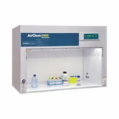 This fully assembled clean bench includes a base/stand and work surface. It provides a controlled environment for procedures requiring low particulate levels, such as sample handling or assembly work. Overall dimensions: 48 in width, 30 in depth.