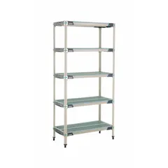 Stationary shelving unit with five shelves, each 18 in x 36 in, and an overall height of 74 in. Frame and shelving material are 304 Stainless Steel with antimicrobial resistance properties. Suitable for harsh environments requiring hygiene and corrosion resistance, such as healthcare, food processing, and laboratory settings.