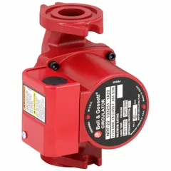 Cast iron inline circulator pump with flange connections and included volute. Rated for 115V AC, delivers up to 25 gpm flow at 18 ft maximum head. Suitable for circulating water in closed-loop hydronic systems.