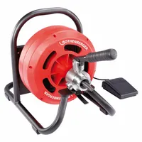 Corded drum machine for drain cleaning in pipes from 1-1/2 in to 4 in diameter. Includes a 32 ft cable for reaching blockages in residential and light commercial drain lines. Operates on corded electric power for continuous use