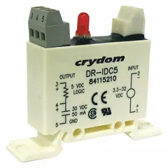 The DR-IDC5 is a 5-pin relay input module that accepts a 4 to 32V AC/DC input and provides a 30V DC output. It is designed for combination DIN-rail and surface mounting, suitable for use in industrial control systems for signal conversion and isolation.