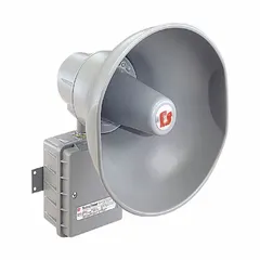 Indoor horn speaker with integrated amplifier for 24V DC systems. 1-way design delivers amplified sound for alerts, alarms, or public address in industrial and commercial facilities. Overall dimensions: 8 in width, 12 1/2 in height.