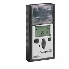 Single-gas detector for monitoring Nitrogen Dioxide (NO₂) levels. Features a black housing, lithium battery power, LED indication, and a PC-Compatible Interface for data communication. Suitable for use in industrial environments where NO₂ exposure may occur, such as chemical processing and wastewater treatment.