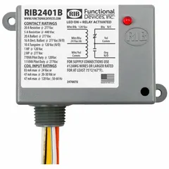 General purpose power relay with a 20 A rating and SPDT contact configuration. Coil voltage is 24V AC/DC/120V AC. Enclosed and pre-wired with a 0.50 in NPT nipple for conduit mounting. Suitable for switching loads in HVAC, lighting, and industrial control panels.