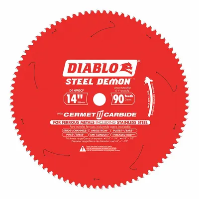 DIABLO Circular Saw Blade: 14 in Blade Dia., 90 Teeth, 0.08 in Cut Wd, 1 in Arbor Size - Stainless Steel-Cutting Blades