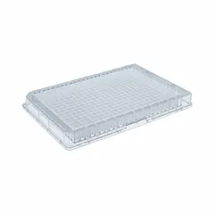 384-well assay plate made of natural polystyrene with square well geometry. Each well has a 0.11 mL volume and 3.7 mm diameter. RNase/DNase free. Suitable for high-throughput screening and sample processing in laboratory settings.