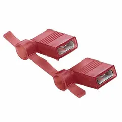 Fully insulated flag disconnect with red nylon insulation for 22 to 18 AWG wire. Provides full coverage and vibration-resistant connections. Used for quick wire termination in control panels, appliances, and automotive systems.