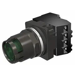 This Siemens illuminated push button features an extended profile with a 30 mm mounting hole and a non-metallic construction. It has one normally open contact and supports both maintained and momentary action. The pressure plate terminal connection facilitates wiring. Typical applications include industrial control panels where visual status indication and manual actuation are required.