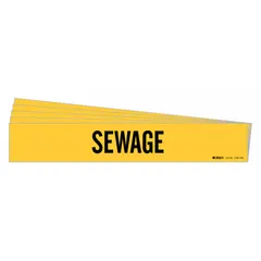 Yellow adhesive pipe marker with black 'Sewage' legend, designed for pipes with outer diameter of 8 inches and larger. Each pack contains 5 markers without directional arrows. Used for identifying sewage lines in industrial and commercial piping systems.