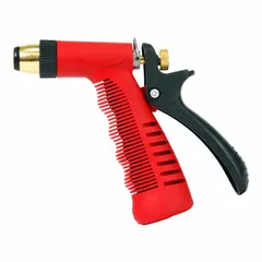 This pistol-grip nozzle features a rear trigger for flow control and an adjustable stream pattern. It is constructed with poly/metal materials and has a GHT connection. Rated for a maximum temperature of 100°F, it is suitable for general-purpose watering, washing, and rinsing tasks.