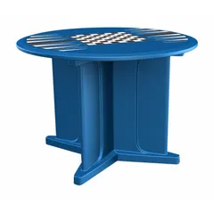 This 48-inch diameter round table features a polyethylene construction in Slate Blue with an X-base design. It includes a game top and accepts ballast for added stability. Suitable for commercial patios, parks, and break rooms.