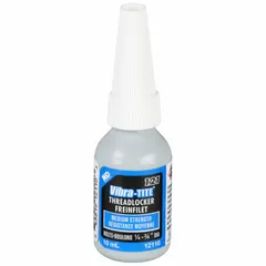 Medium-strength threadlocker for securing threaded fasteners against vibration loosening. Blue, high-temperature resistant formula in a 0.34 fl oz bottle. Suitable for use on pumps, compressors, and combustion systems where disassembly with hand tools is desired.