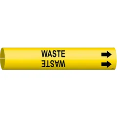This snap-on pipe marker identifies waste lines in piping systems. It features a yellow background with black legend text and directional arrows. Designed for pipes with outer diameters from 3/4 to 1-3/8 inches. Supplied as a single marker.