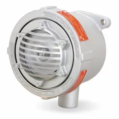Vibrating horn alarm for indoor hazardous locations. Operates on 120V AC and produces a horn sound. Gray finish. Suitable for industrial signaling applications requiring audible alerts in potentially hazardous environments.