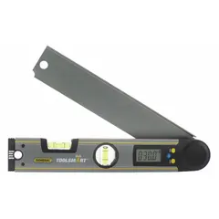 Digital protractor with 0° to 225° measurement range and ±0.3° accuracy. Features LCD display, aluminum body, and two built-in levels. Includes 3V Lithium battery. Used for angle measurement in layout and alignment tasks.