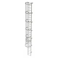 Steel fixed ladder with integrated safety cage for permanent vertical access. Overall width 18 in, 27 rungs, supplied unassembled in 2 sections. Used for industrial maintenance, rooftop equipment servicing, and tank or silo inspection.