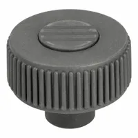 Knurled knob with threaded hole, made of gray plastic with a steel threaded insert. Features M8 thread, 14 mm thread length, and 40 mm diameter. Designed for manual adjustment and clamping on machinery, jigs, and fixtures