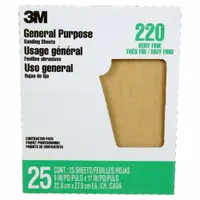 This 9 in x 11 in sandpaper sheet features 220 grit aluminum oxide abrasive on C weight paper, offering water resistance for wet or dry sanding. Suitable for use on wood, metal, and painted surfaces, it provides consistent cutting action for smoothing and finishing tasks
