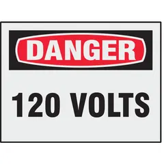 This is a pack of eight adhesive-mounted Danger: 120 Volts signs. The signs are not retroreflective, not glow-in-the-dark, and have no anti-slip surface. They are suitable for warning personnel of electrical hazards in areas where 120 VAC is present.