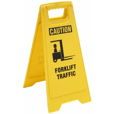 OEM Floor Safety Sign: Polypropylene, 24 in x 11 29/36 in x 12 in Nominal Sign Size - Caution: Forklift Traffic Folding Signs