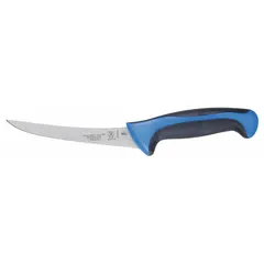 This 6-inch curved boning knife features a stamped steel blade with a sharp edge, designed for deboning, trimming, and filleting meat, poultry, and fish. The blue Santoprene/Polypropylene handle provides a secure grip. NSF Certified for commercial use.