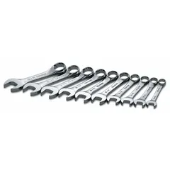This 10-piece set of metric 12-point combination wrenches features a chrome finish and a 15° head offset angle. The wrenches are used for tightening and loosening fasteners in mechanical assembly and maintenance tasks. A storage rack is included.