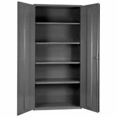 Welded steel frame cabinet with four adjustable shelves and a gray powder-coated finish. Features a swing handle with keyed lock for security. Panel thickness is 14 ga. Suitable for organized storage of tools, parts, and equipment in warehouses, factories, and maintenance facilities.