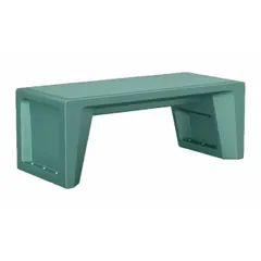 Floor-mounted bench with polyethylene seat in Aqua color. Seats two persons with an 18-inch seat height. Suitable for commercial waiting areas, locker rooms, and high-traffic public spaces. Complies with CAL 133 and ISO 22196 standards.