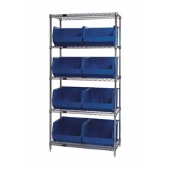 This stationary bin shelving unit features a silver steel frame with five shelves and eight included blue polypropylene open-front bins. Each bin measures 11 in x 16-1/2 in x 18 in and uses a Hang and Stack style for flexible organization. Suitable for storing small parts, components, or tools in industrial and warehouse settings.