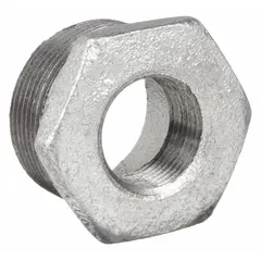 This straight pipe fitting is made of malleable iron for medium-pressure threaded connections. It joins two pipes of different sizes, commonly used in industrial plumbing, pneumatic lines, and low-pressure steam systems.