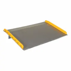 This aluminum dock board bridges the gap between a loading dock and a truck or trailer, enabling safe forklift and pallet jack access. It features a diamond treadplate surface for traction and measures 48 inches in overall length and 72 inches in overall width.