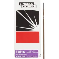 Carbon steel stick electrode classified as E7014, designed for high-speed welding on clean or lightly rusted steel. As welded, it provides tensile strength of 70 to 85 ksi and yield strength of 58 to 74 ksi. Suitable for fabrication, repair, and general manufacturing applications requiring fast deposition and smooth bead appearance.