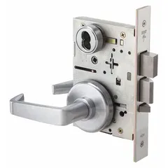 This BEST storeroom lever lockset features a satin chromium-plated stainless steel finish and is ADA compliant. It uses an interchangeable core and has a 40H rose style with ANSI F07 function, allowing the door to lock from the outside and open freely from the inside. Suitable for interior doors requiring privacy and security, such as storage rooms or closets in commercial or institutional settings.