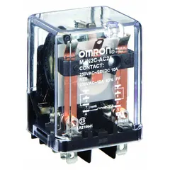 Plug-in relay with square base and flat pins for socket mounting. Features DPDT contacts rated 10 A at 24V AC coil voltage. Quick-connect terminals facilitate wiring in control panels and automation systems.