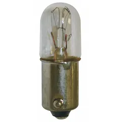 This incandescent lamp features a BA9s single-contact miniature bayonet base and a T3-1/4 tubular bulb shape. It operates at 24V AC and produces white light. Commonly used as a replacement lamp in control panels, indicator lights, and pilot devices requiring a BA9s base.