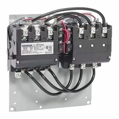 This Siemens reversing NEMA magnetic contactor has 3 poles and is rated NEMA Size 3-1/2 for 115 A continuous current at 240V AC. It is used to control forward and reverse rotation of three-phase AC motors in applications such as conveyors, pumps, and hoists.