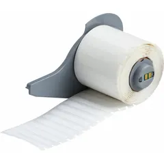 Nylon, black-on-white precut label roll cartridge for permanent identification of 20 AWG wires. Measures 1/4 in x 1 29/32 in and wraps around the wire. Compatible with M710 printer series; requires M7-R6000 ribbon. Used in industrial control panels, electrical cabinets, and maintenance applications.