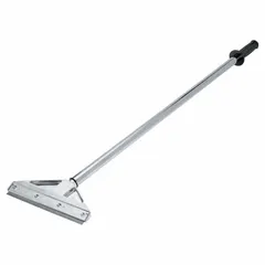 This floor scraper features a carbon steel blade with a bent shape for scraping under tight edges. The steel handle includes a foam grip to reduce hand fatigue. Suitable for removing flooring materials such as tile, vinyl, and adhesive residue during renovation or construction tasks.