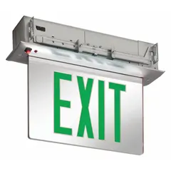 Two-face recess-mount edge-lit exit sign with green text on a silver aluminum housing. Uses LED lighting and universal field-selectable chevrons for directional guidance. Suitable for marking emergency exits in commercial and industrial settings.