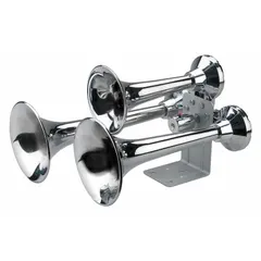 This WOLO air horn is a low-tone trumpet horn designed for trucks. It features a chrome-plated silver finish and operates on 12V DC, producing a maximum sound level of 152 dB. The horn includes a 10 ft 1/4 in nylon high-pressure hose for installation. Suitable for heavy-duty vehicles requiring a powerful audible warning signal.