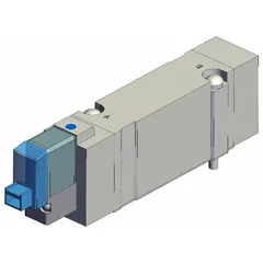 Single solenoid, five-way/two-position directional control valve with 5 ports and 24V DC operation. Female connections. Plug-in, remote pilot, non-locking design. Used to switch airflow in pneumatic systems for actuating cylinders or other actuators in automated machinery.