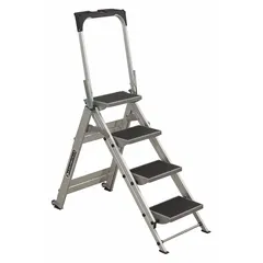 This aluminum folding step stool provides stable access to elevated areas in industrial, warehouse, and maintenance settings. With four steps and a 4.6 ft overall height, it supports tasks such as reaching overhead storage or performing light repairs. The silver-finished aluminum construction offers a 300 lb load capacity.