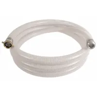 This clear PVC hose assembly with PVC helix reinforcement is designed for water suction and discharge applications. It features a 4-inch inside diameter and 4-inch x 4-inch fitting size, rated for 50 psi working pressure. Suitable for use in a temperature range of -10° to 130°F