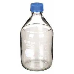 Colorless glass media bottle with a 2 L capacity, wide mouth, and GL 45 screw-on closure. Includes closure. Height 260 mm. Used for preparing, storing, and dispensing culture media, buffers, and reagents in laboratory settings.