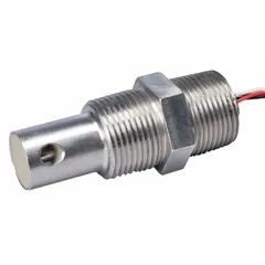 This conductivity sensor features a stainless steel body and round tip shape. It measures conductivity from 0 to 10 uS/cm up to 0 to 199 mS/cm, or the range of the connected meter. The tinned leads connection allows for straightforward wiring. Typical applications include monitoring conductivity in aqueous solutions across various industrial and laboratory settings.