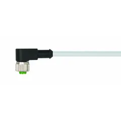 Single-ended cordset with a gray PUR jacket for twisting applications. Features a 3-pin M12 female right-angle connector on one end and bare wire on the other. Cable length 0.6 m, 22 AWG wire, rated 4 A, IP66K. Suitable for connecting sensors or actuators in industrial environments where resistance to oils and abrasion is required.