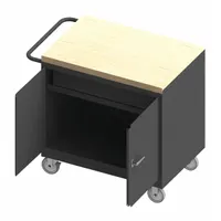 Fully assembled mobile cabinet bench with a butcher block top and side handle for easy repositioning. Integrated drawers provide organized storage for tools and parts. Overall load capacity of 1,200 lb. Suitable for use in workshops, maintenance areas, and assembly lines as a portable workstation
