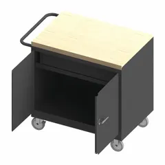Fully assembled mobile cabinet bench with a butcher block top and side handle for easy repositioning. Integrated drawers provide organized storage for tools and parts. Overall load capacity of 1,200 lb. Suitable for use in workshops, maintenance areas, and assembly lines as a portable workstation.